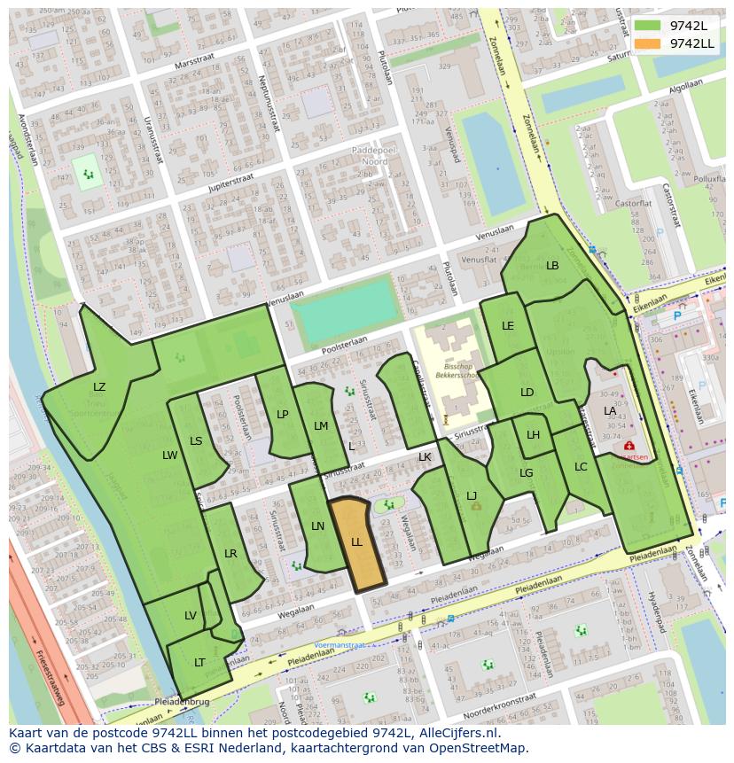 Afbeelding van het postcodegebied 9742 LL op de kaart.