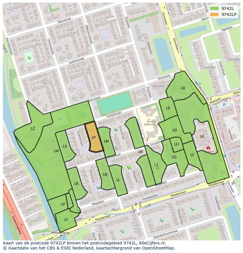 Afbeelding van het postcodegebied 9742 LP op de kaart.