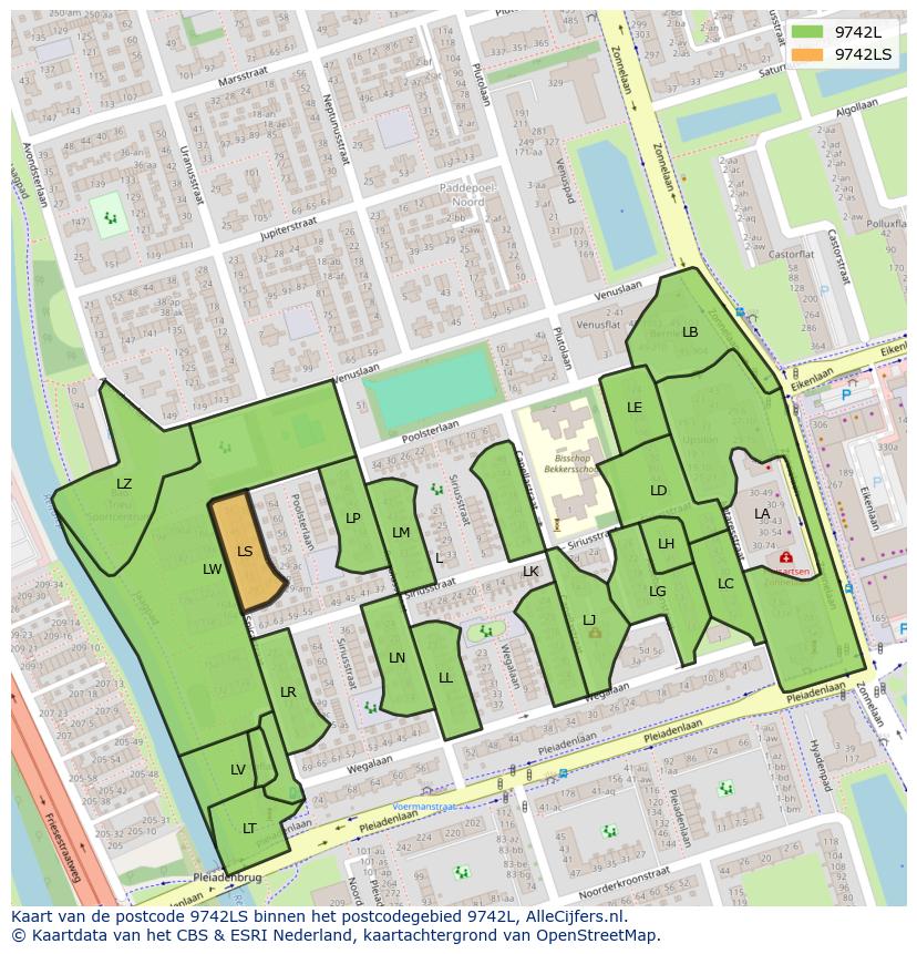 Afbeelding van het postcodegebied 9742 LS op de kaart.