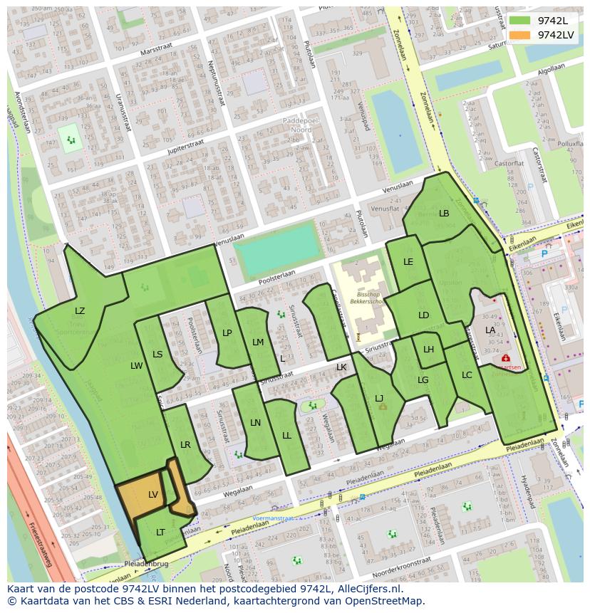 Afbeelding van het postcodegebied 9742 LV op de kaart.