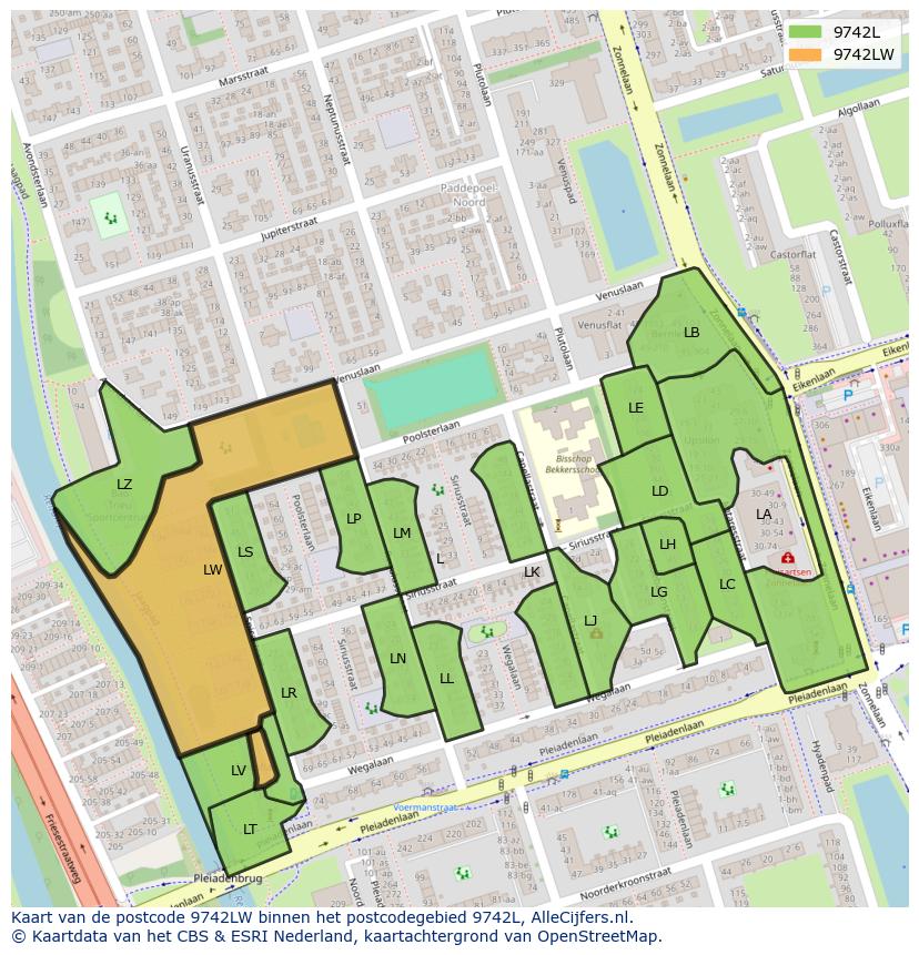 Afbeelding van het postcodegebied 9742 LW op de kaart.