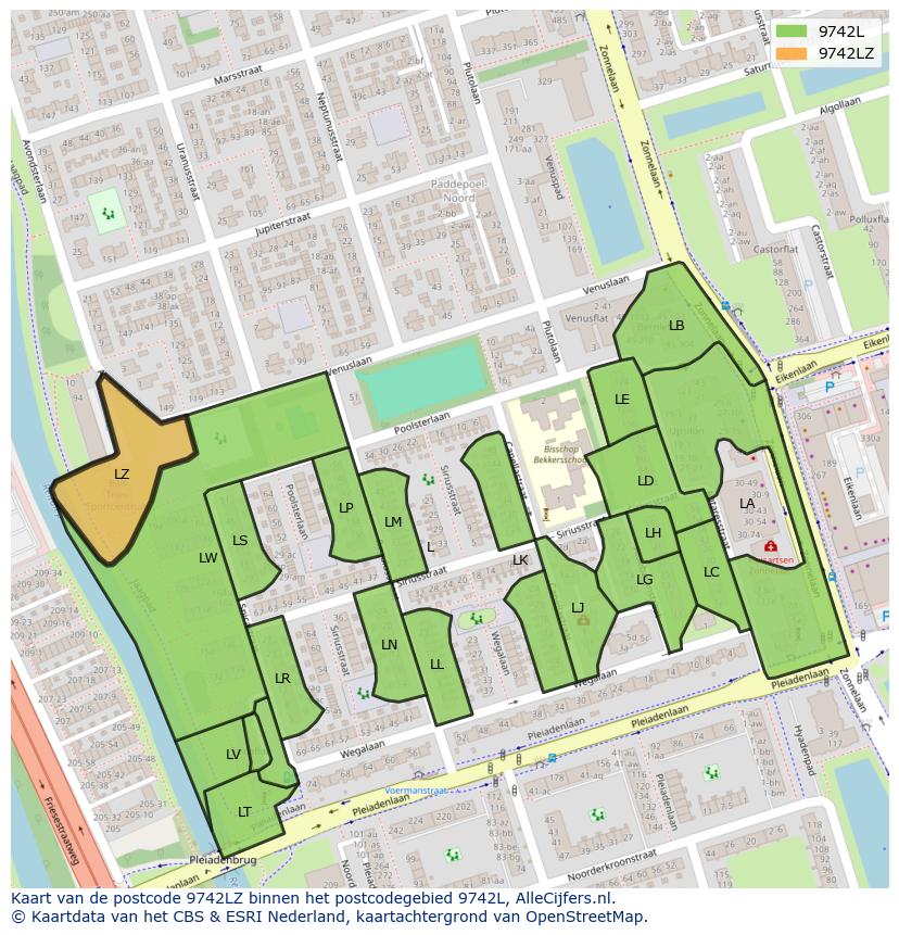 Afbeelding van het postcodegebied 9742 LZ op de kaart.