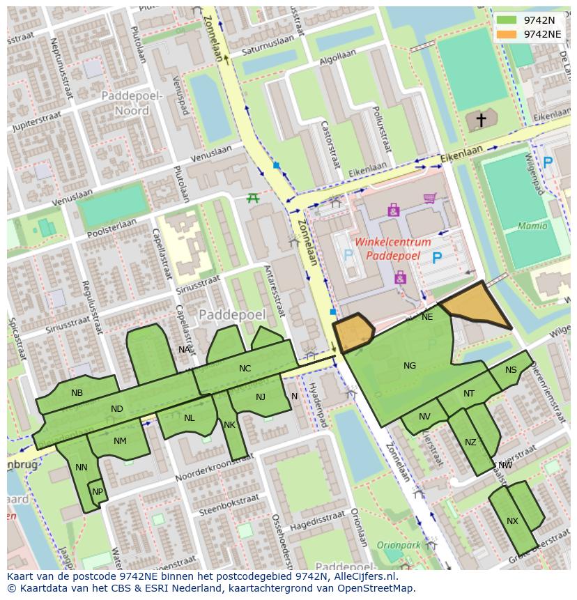 Afbeelding van het postcodegebied 9742 NE op de kaart.