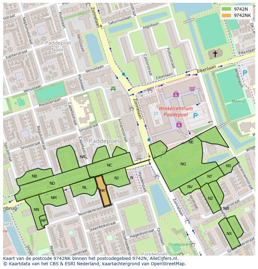 Afbeelding van het postcodegebied 9742 NK op de kaart.