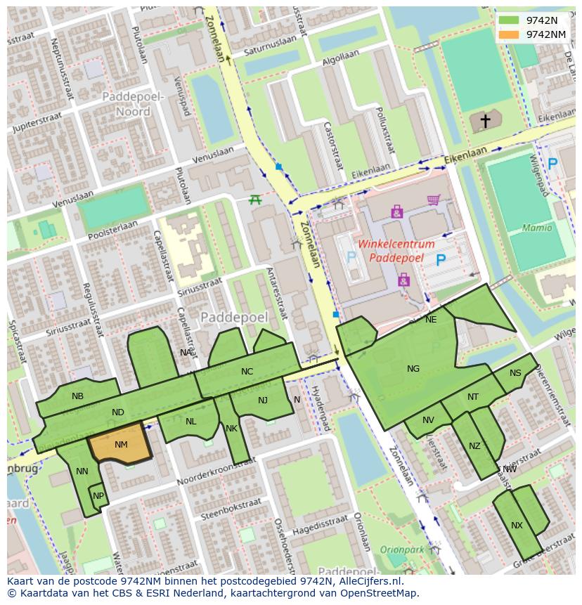 Afbeelding van het postcodegebied 9742 NM op de kaart.