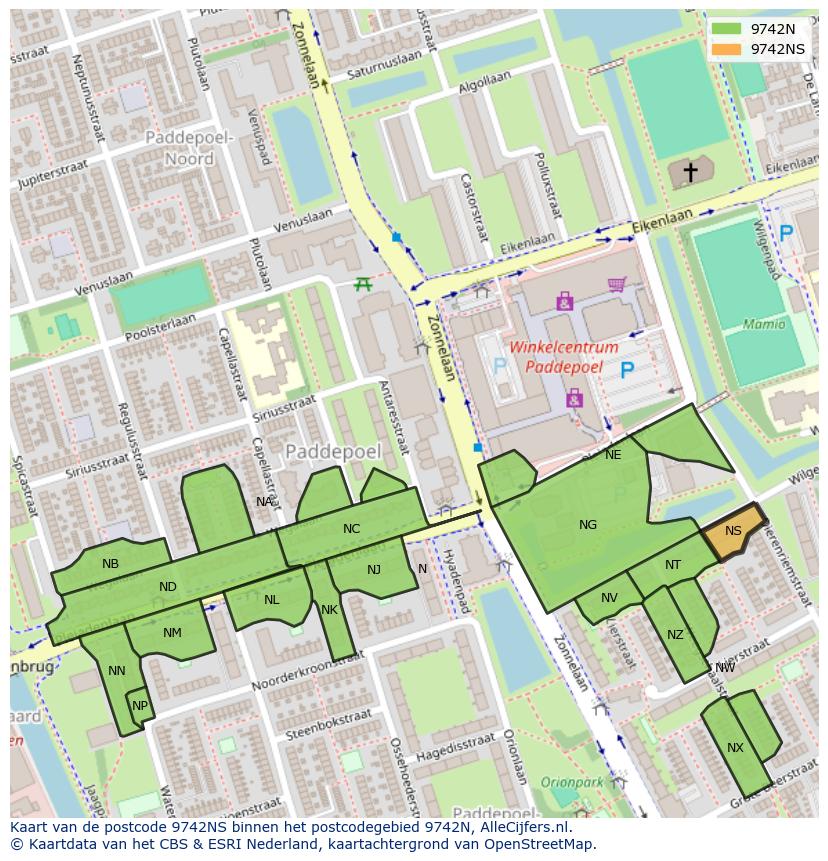 Afbeelding van het postcodegebied 9742 NS op de kaart.