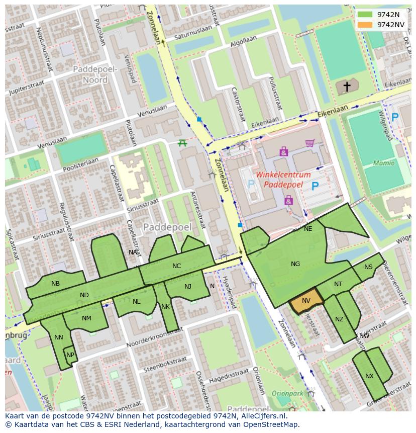Afbeelding van het postcodegebied 9742 NV op de kaart.