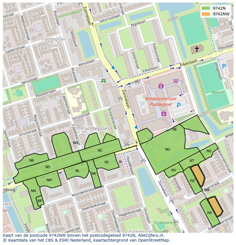 Afbeelding van het postcodegebied 9742 NW op de kaart.