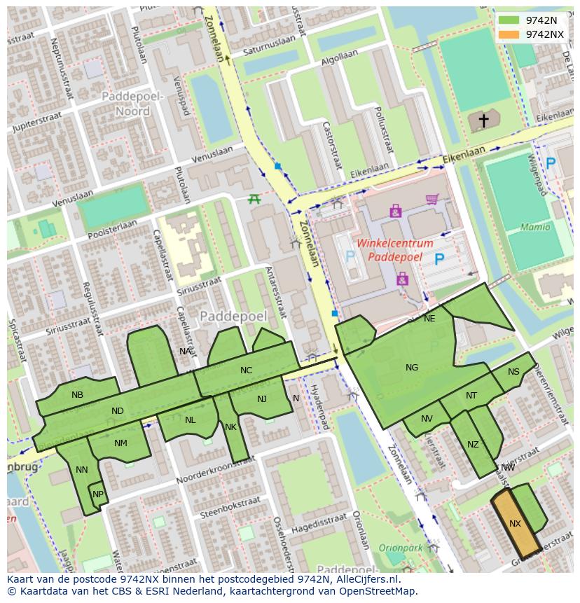 Afbeelding van het postcodegebied 9742 NX op de kaart.