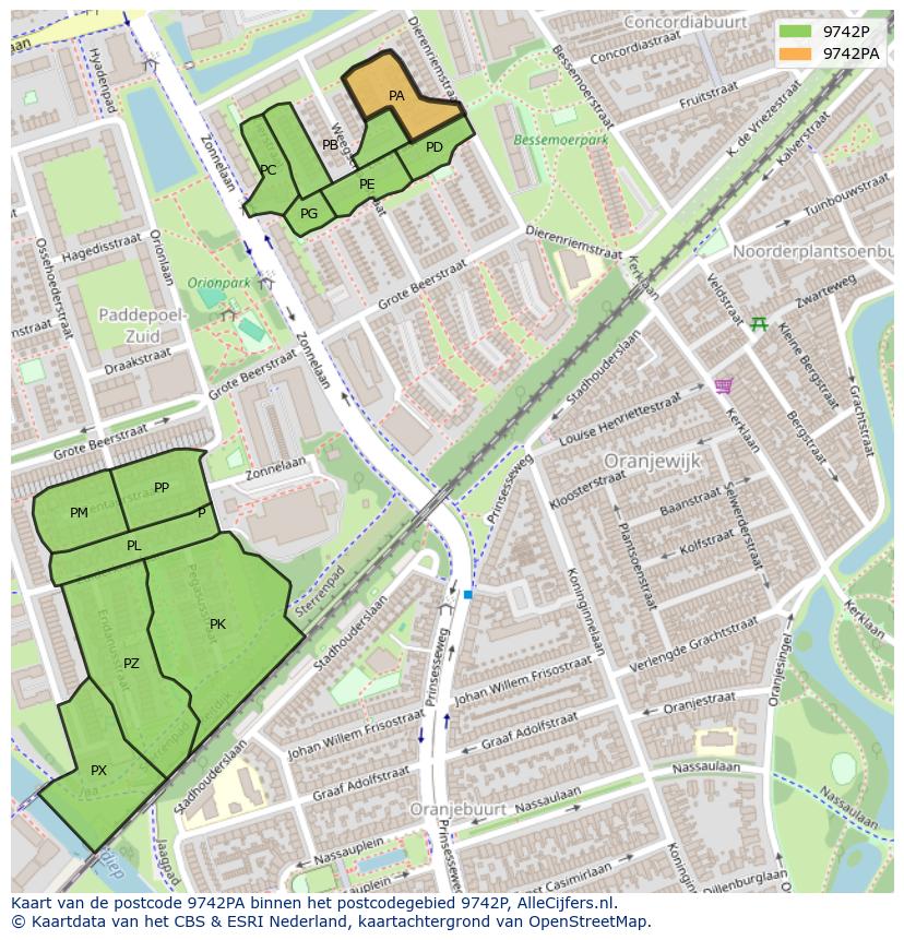 Afbeelding van het postcodegebied 9742 PA op de kaart.