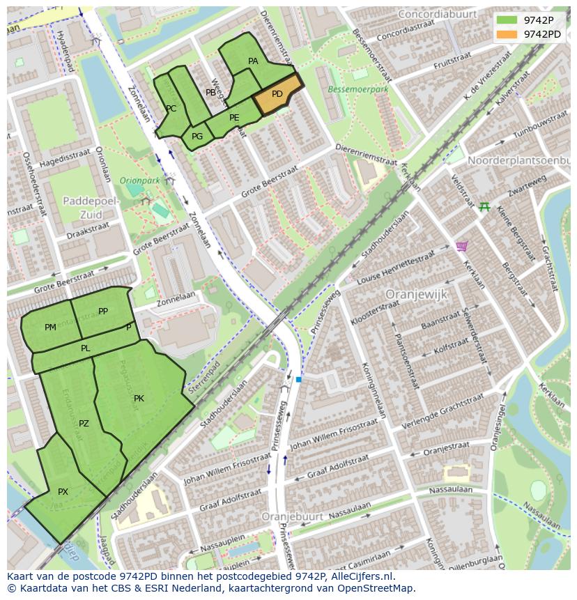 Afbeelding van het postcodegebied 9742 PD op de kaart.