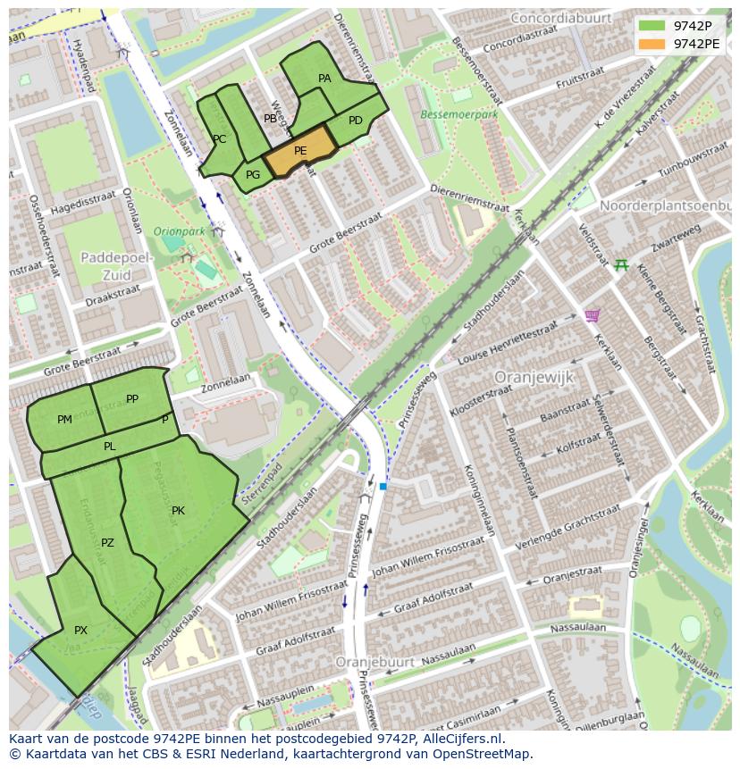 Afbeelding van het postcodegebied 9742 PE op de kaart.
