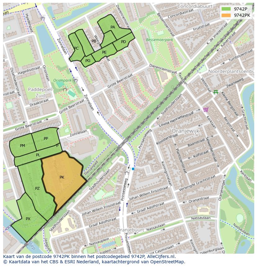 Afbeelding van het postcodegebied 9742 PK op de kaart.