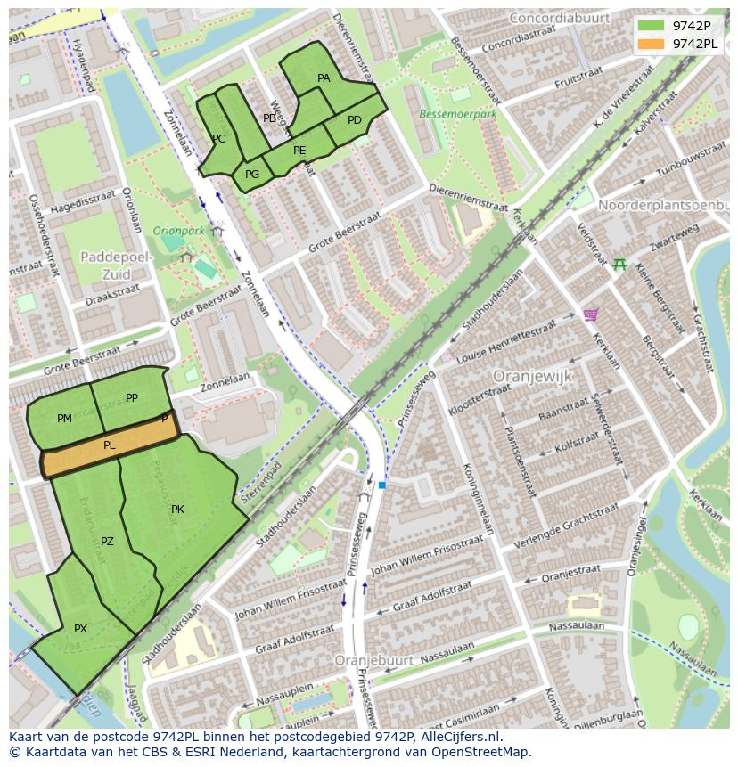 Afbeelding van het postcodegebied 9742 PL op de kaart.