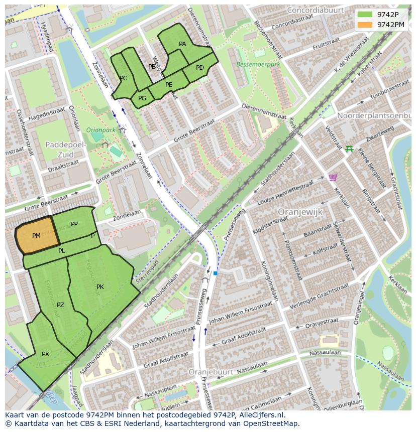 Afbeelding van het postcodegebied 9742 PM op de kaart.