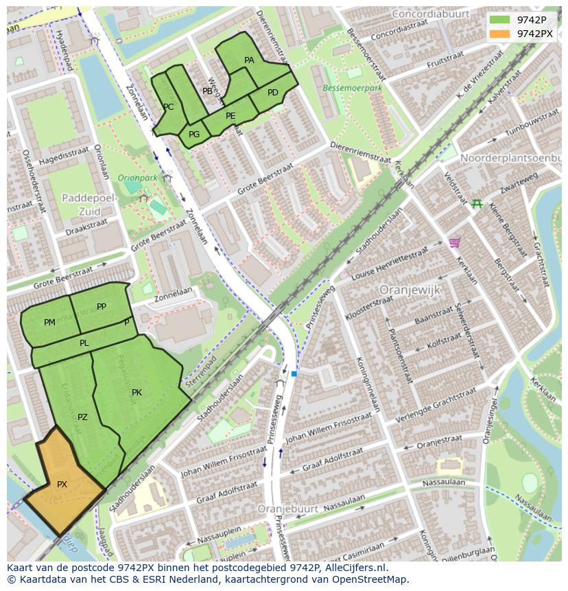 Afbeelding van het postcodegebied 9742 PX op de kaart.
