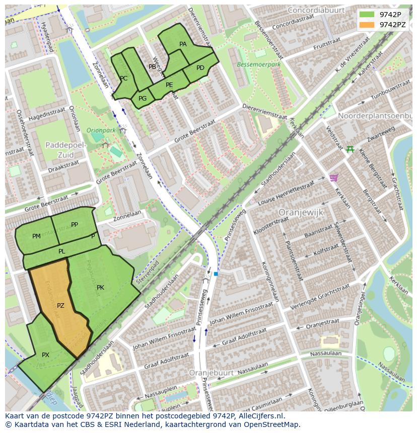 Afbeelding van het postcodegebied 9742 PZ op de kaart.