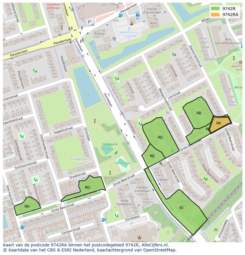 Afbeelding van het postcodegebied 9742 RA op de kaart.