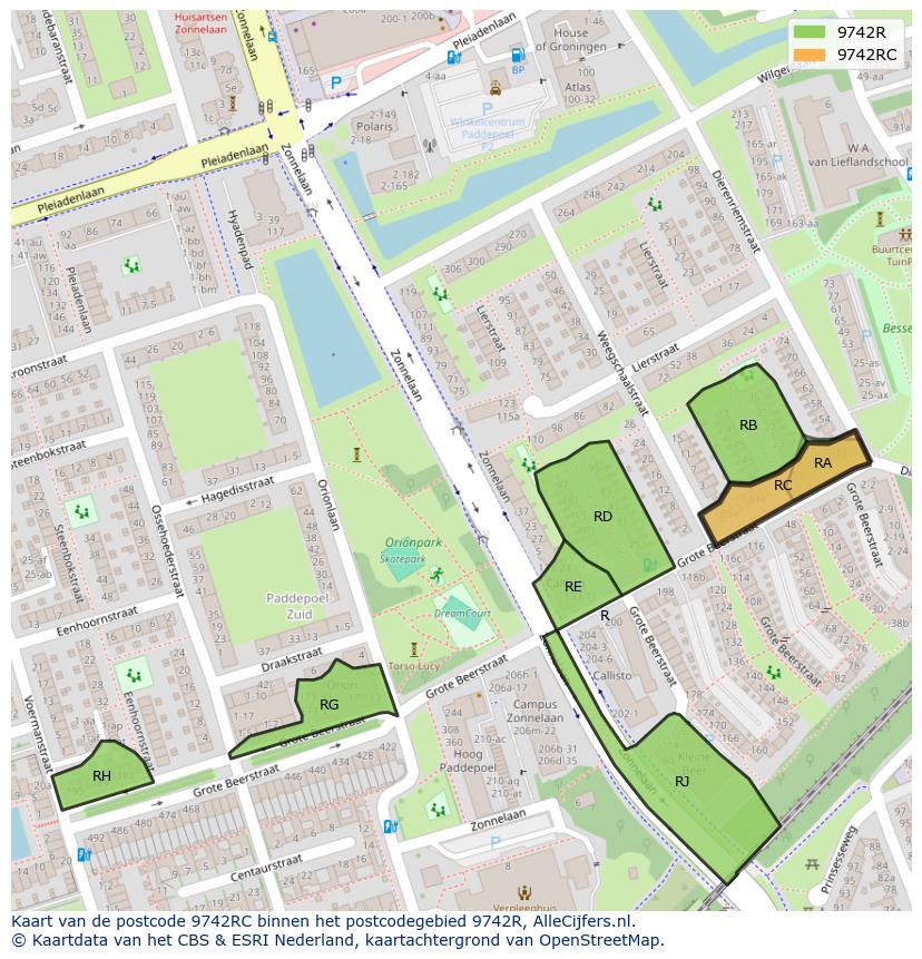 Afbeelding van het postcodegebied 9742 RC op de kaart.