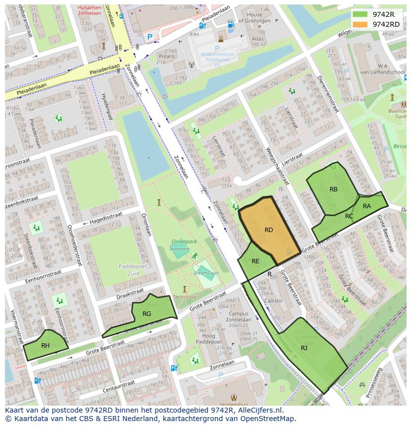 Afbeelding van het postcodegebied 9742 RD op de kaart.