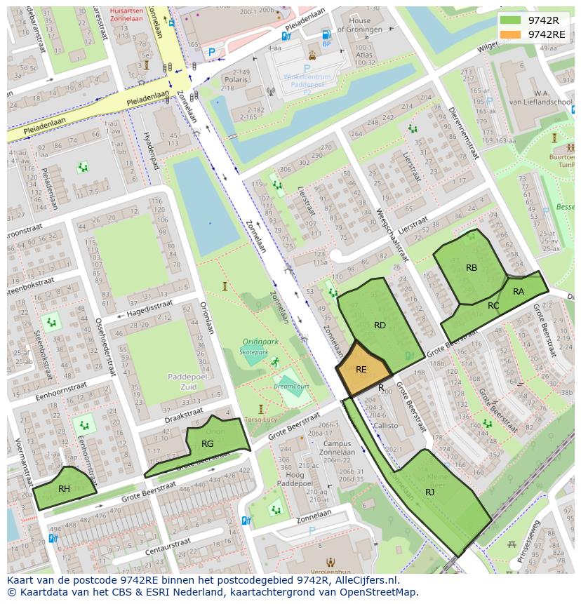 Afbeelding van het postcodegebied 9742 RE op de kaart.
