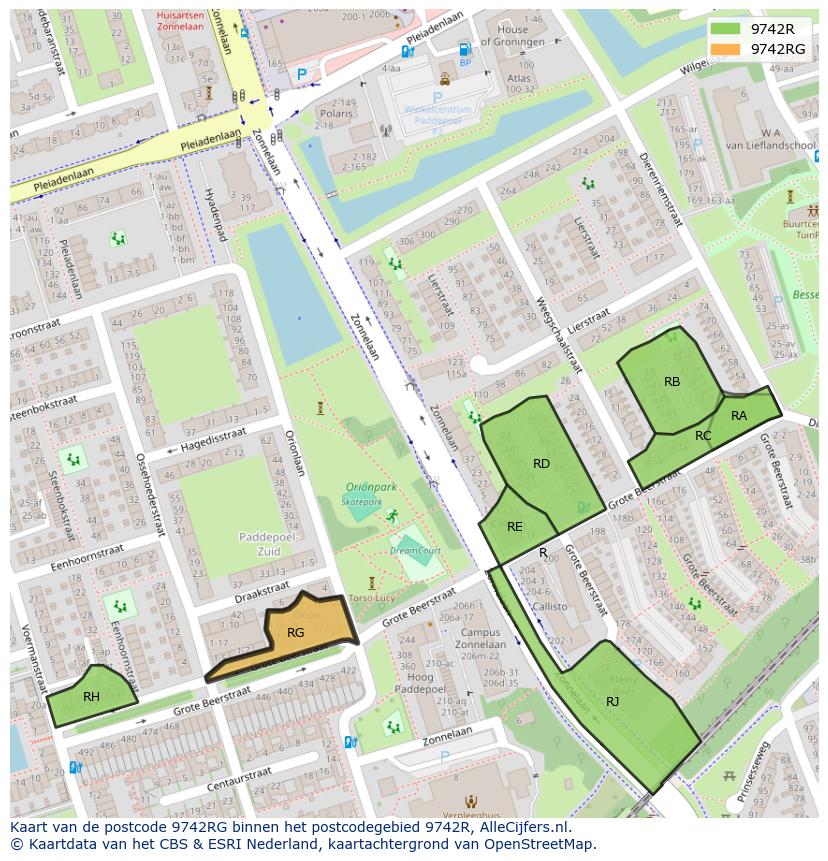 Afbeelding van het postcodegebied 9742 RG op de kaart.