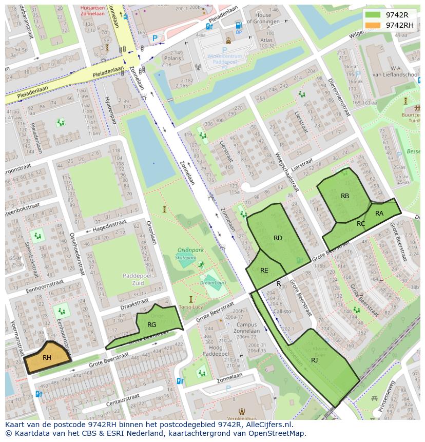 Afbeelding van het postcodegebied 9742 RH op de kaart.
