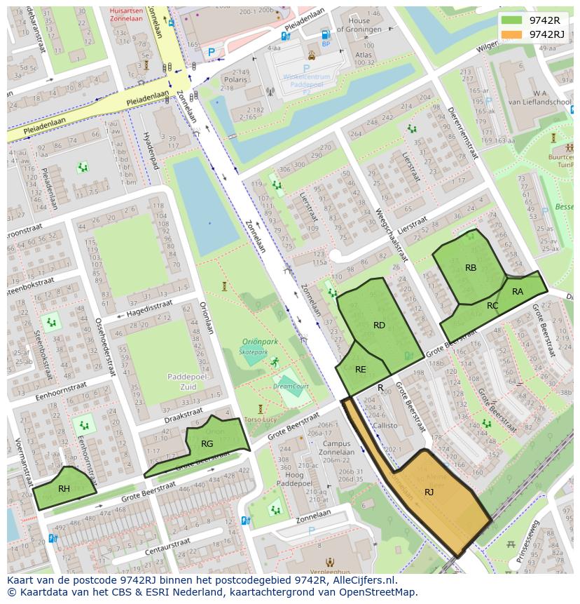 Afbeelding van het postcodegebied 9742 RJ op de kaart.