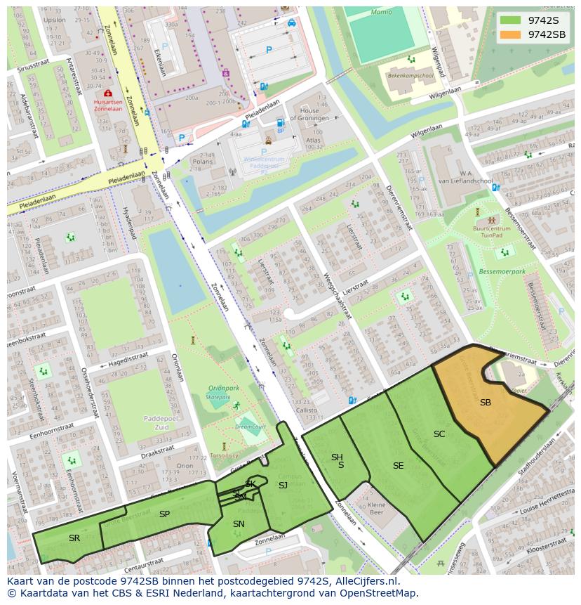 Afbeelding van het postcodegebied 9742 SB op de kaart.