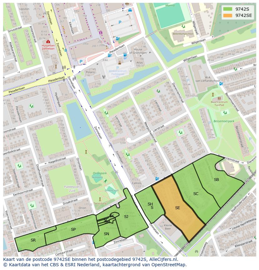 Afbeelding van het postcodegebied 9742 SE op de kaart.