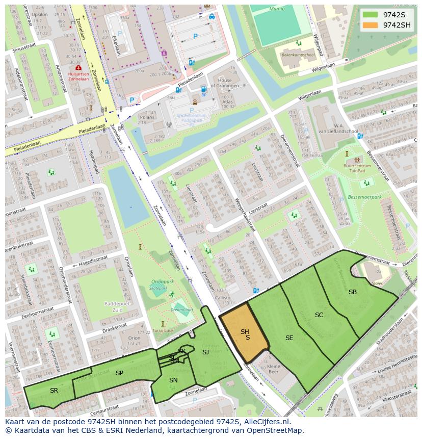 Afbeelding van het postcodegebied 9742 SH op de kaart.