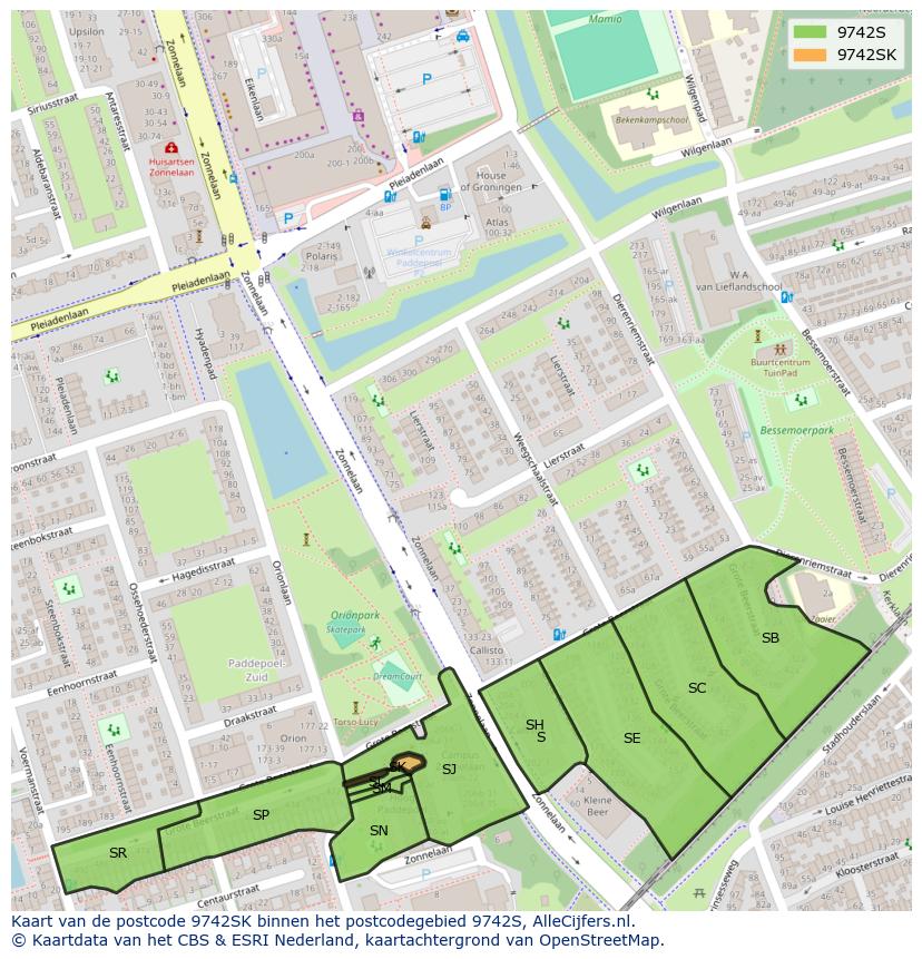 Afbeelding van het postcodegebied 9742 SK op de kaart.
