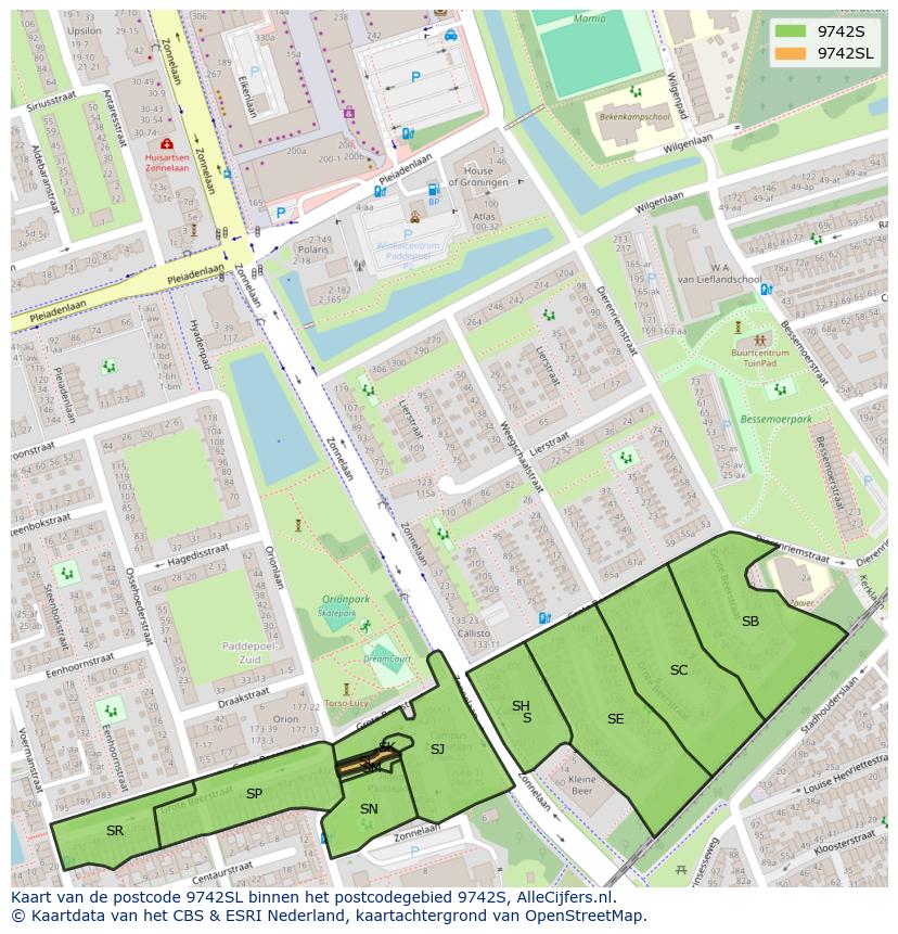 Afbeelding van het postcodegebied 9742 SL op de kaart.
