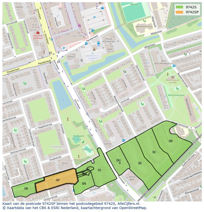 Afbeelding van het postcodegebied 9742 SP op de kaart.