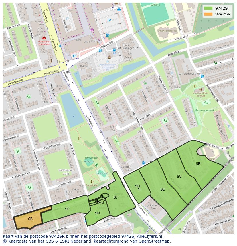 Afbeelding van het postcodegebied 9742 SR op de kaart.
