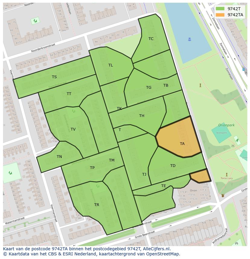 Afbeelding van het postcodegebied 9742 TA op de kaart.