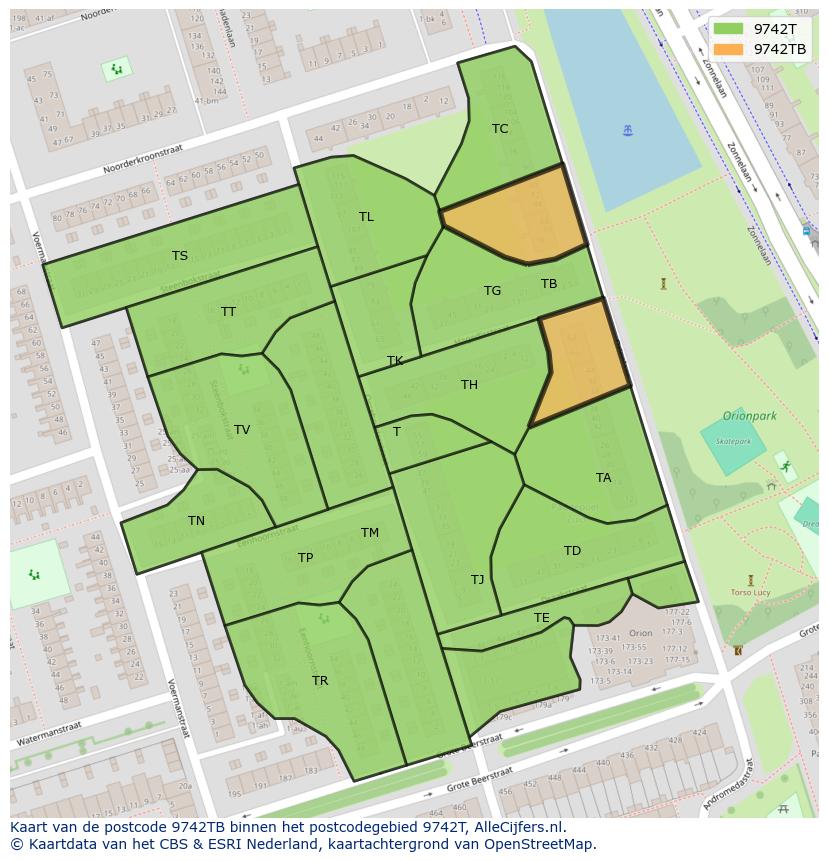 Afbeelding van het postcodegebied 9742 TB op de kaart.