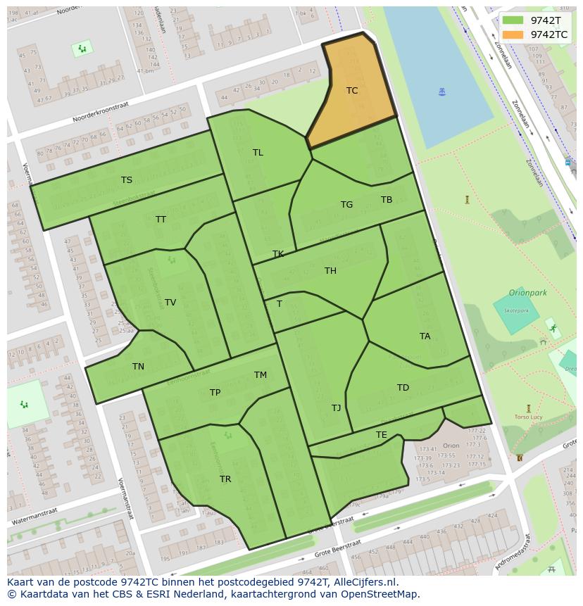 Afbeelding van het postcodegebied 9742 TC op de kaart.