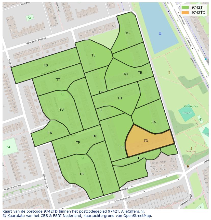 Afbeelding van het postcodegebied 9742 TD op de kaart.