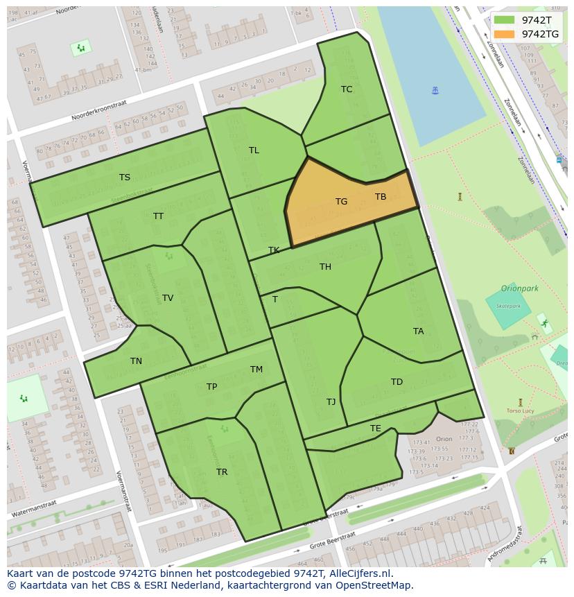 Afbeelding van het postcodegebied 9742 TG op de kaart.
