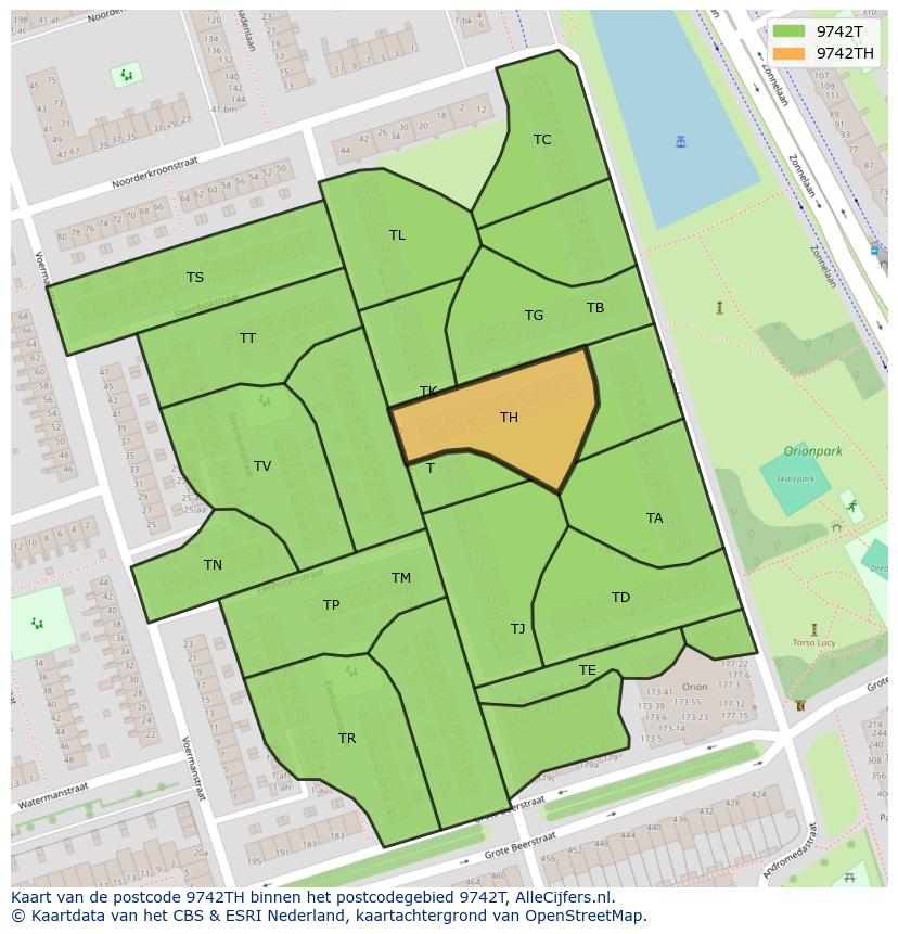 Afbeelding van het postcodegebied 9742 TH op de kaart.