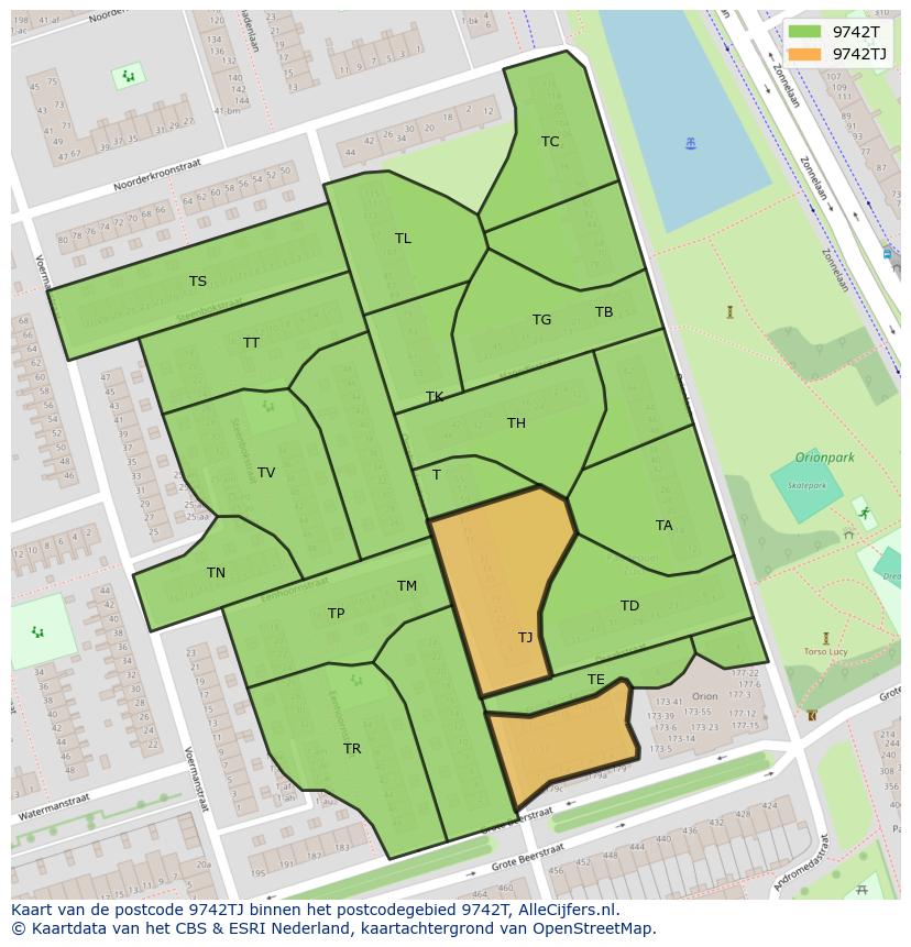 Afbeelding van het postcodegebied 9742 TJ op de kaart.