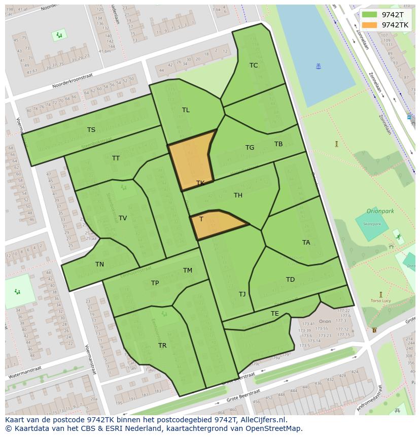 Afbeelding van het postcodegebied 9742 TK op de kaart.