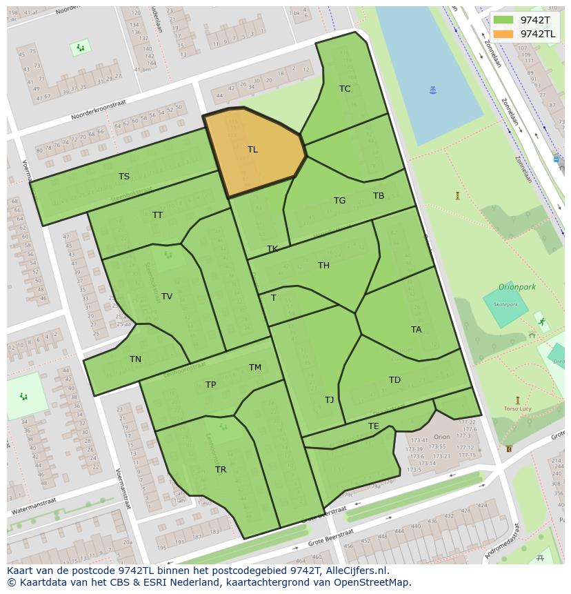 Afbeelding van het postcodegebied 9742 TL op de kaart.