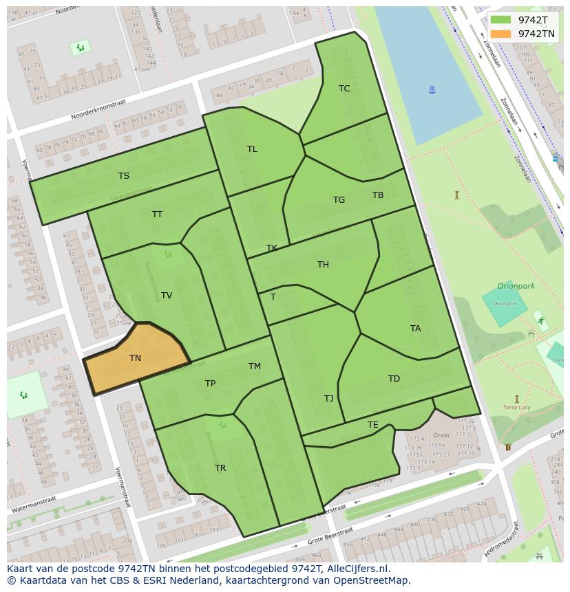 Afbeelding van het postcodegebied 9742 TN op de kaart.