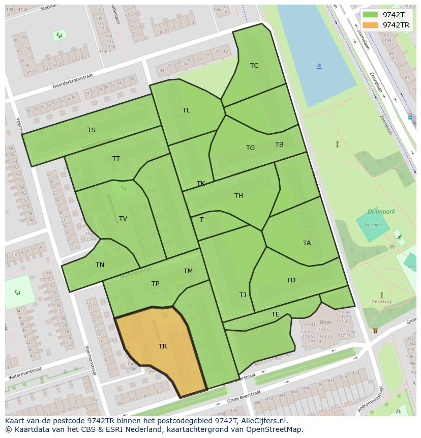 Afbeelding van het postcodegebied 9742 TR op de kaart.