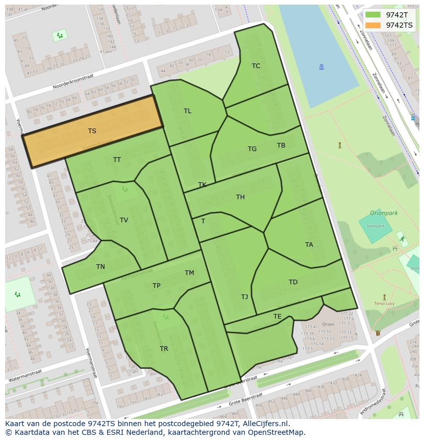 Afbeelding van het postcodegebied 9742 TS op de kaart.