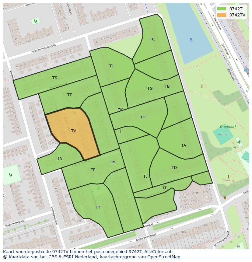 Afbeelding van het postcodegebied 9742 TV op de kaart.
