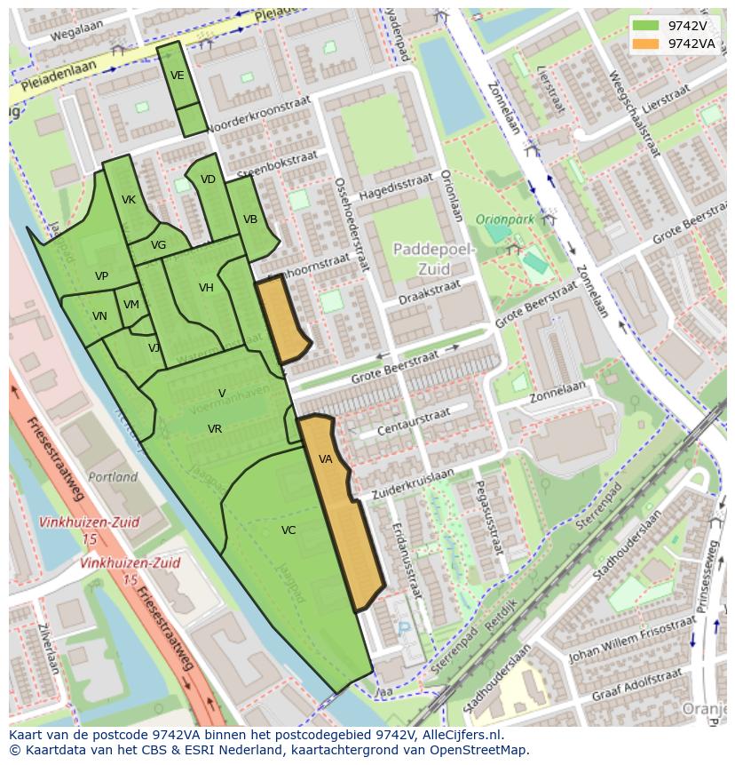 Afbeelding van het postcodegebied 9742 VA op de kaart.