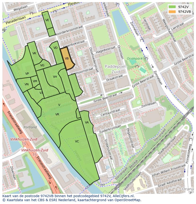 Afbeelding van het postcodegebied 9742 VB op de kaart.